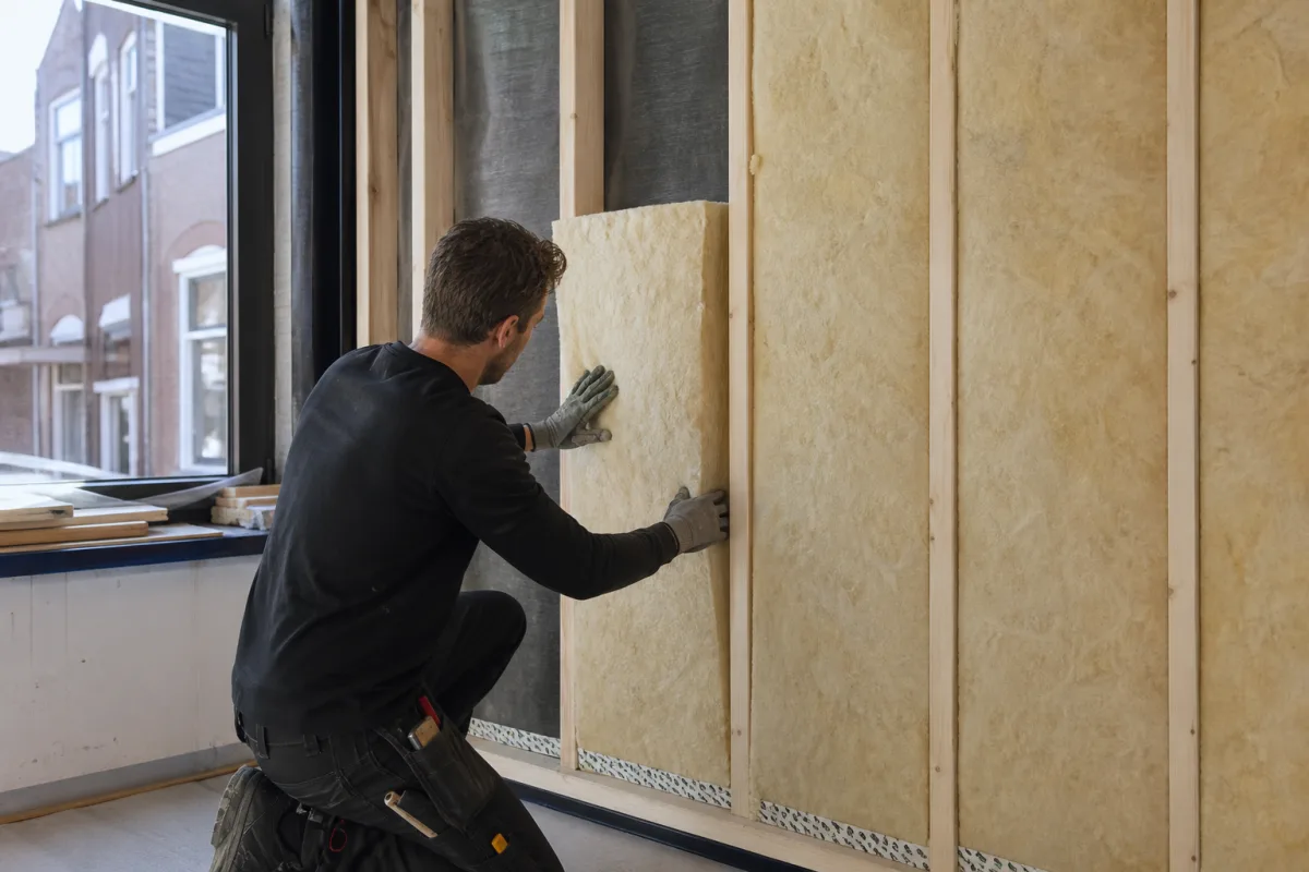 Vakman plaatst isolatiemateriaal zorgvuldig tussen houten stijlen