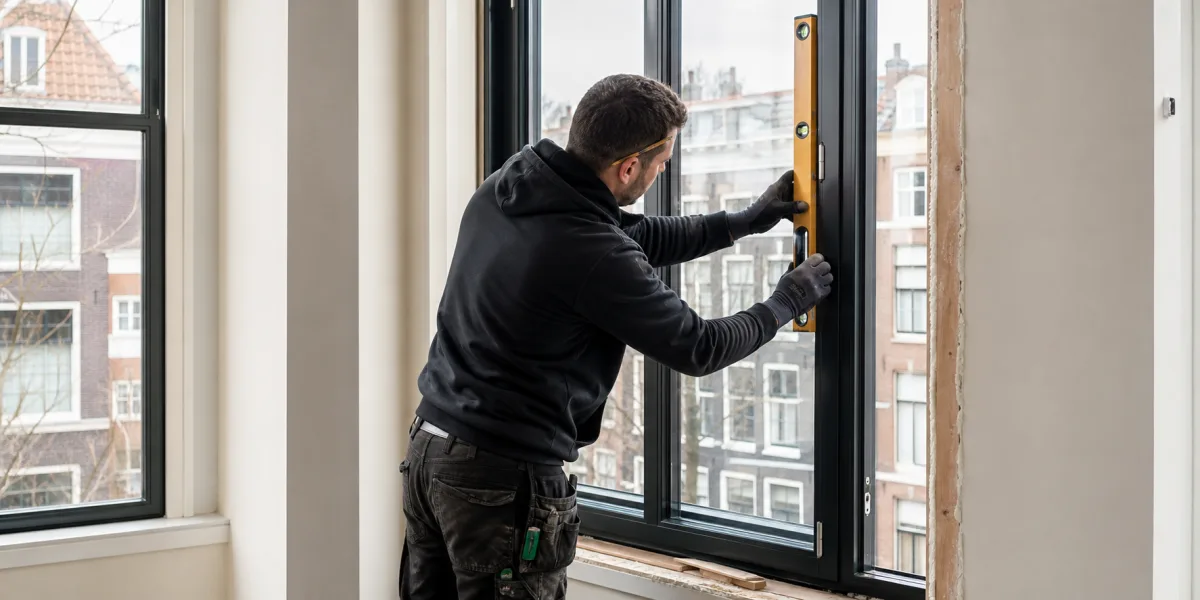 Vakman stelt een modern donker kozijn nauwkeurig af in een woning