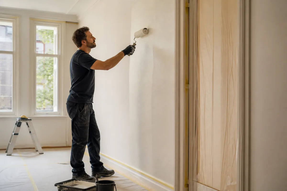 Schilder brengt een egale warme witte afwerklaag aan op een binnenwand