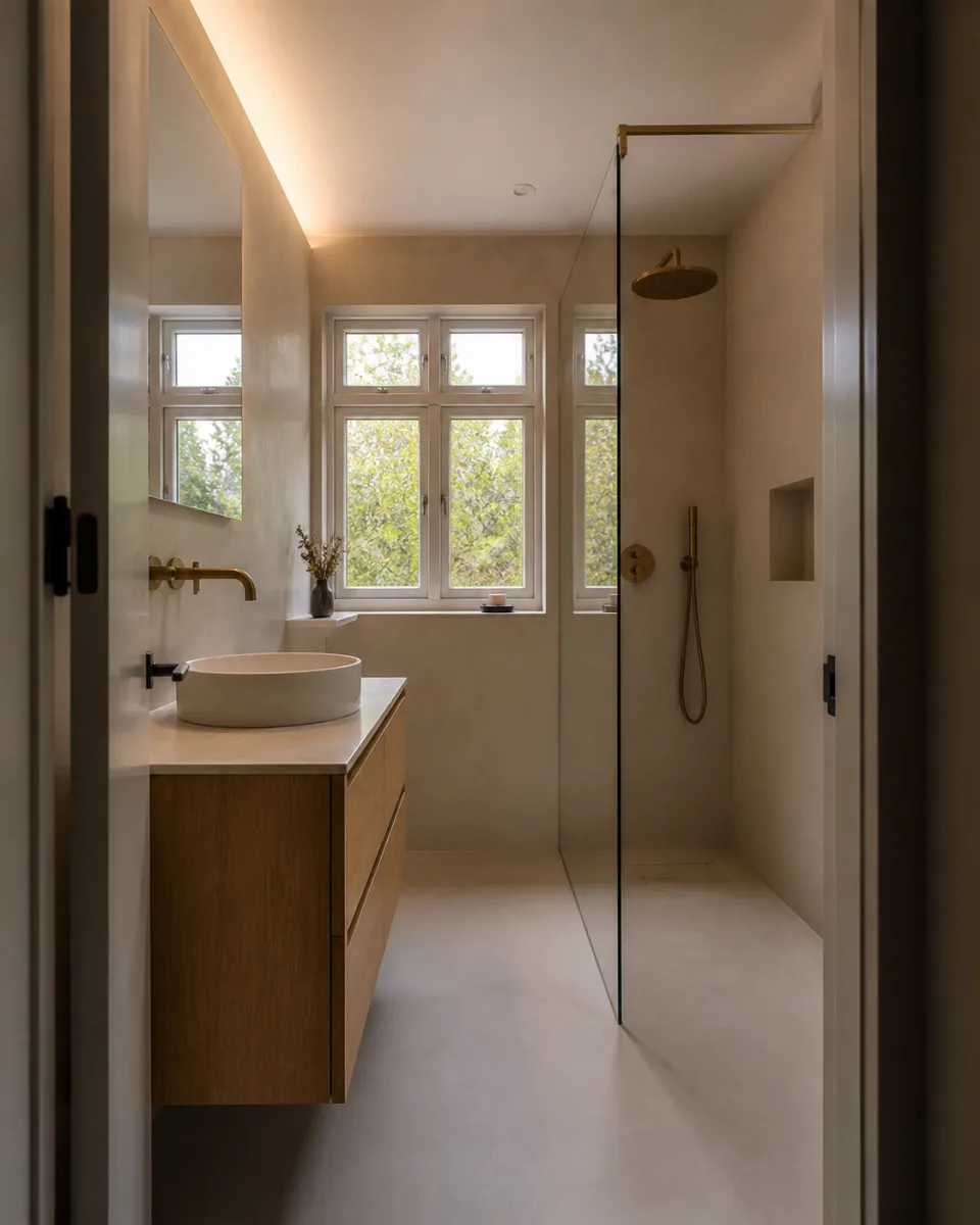 Moderne badkamer met natuursteenlook en zwarte details