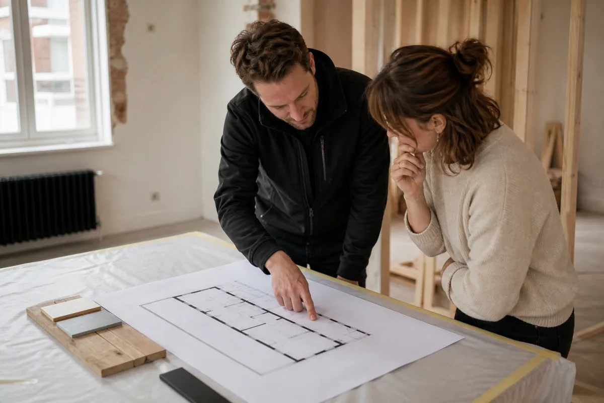 Vakman bespreekt de renovatieplanning met een opdrachtgever
